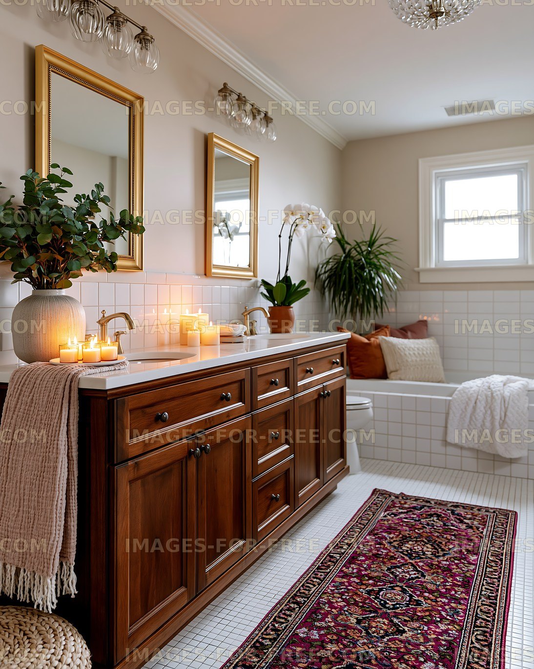 Modern bathroom with wooden cabinets and candles