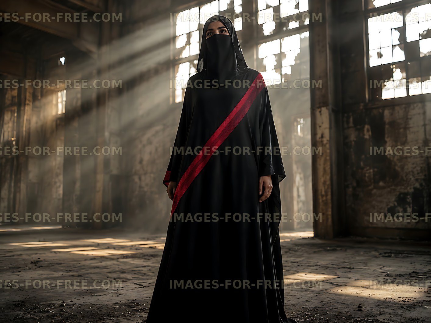 Woman in black attire standing in an abandoned industrial space