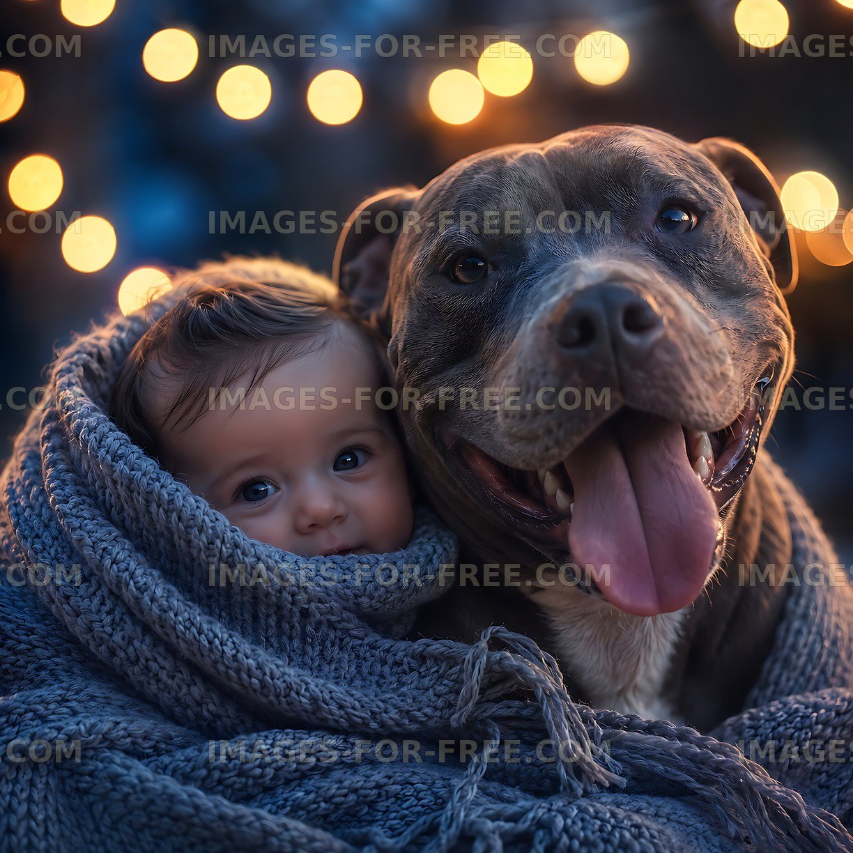 Baby and dog under a blanket with festive lights