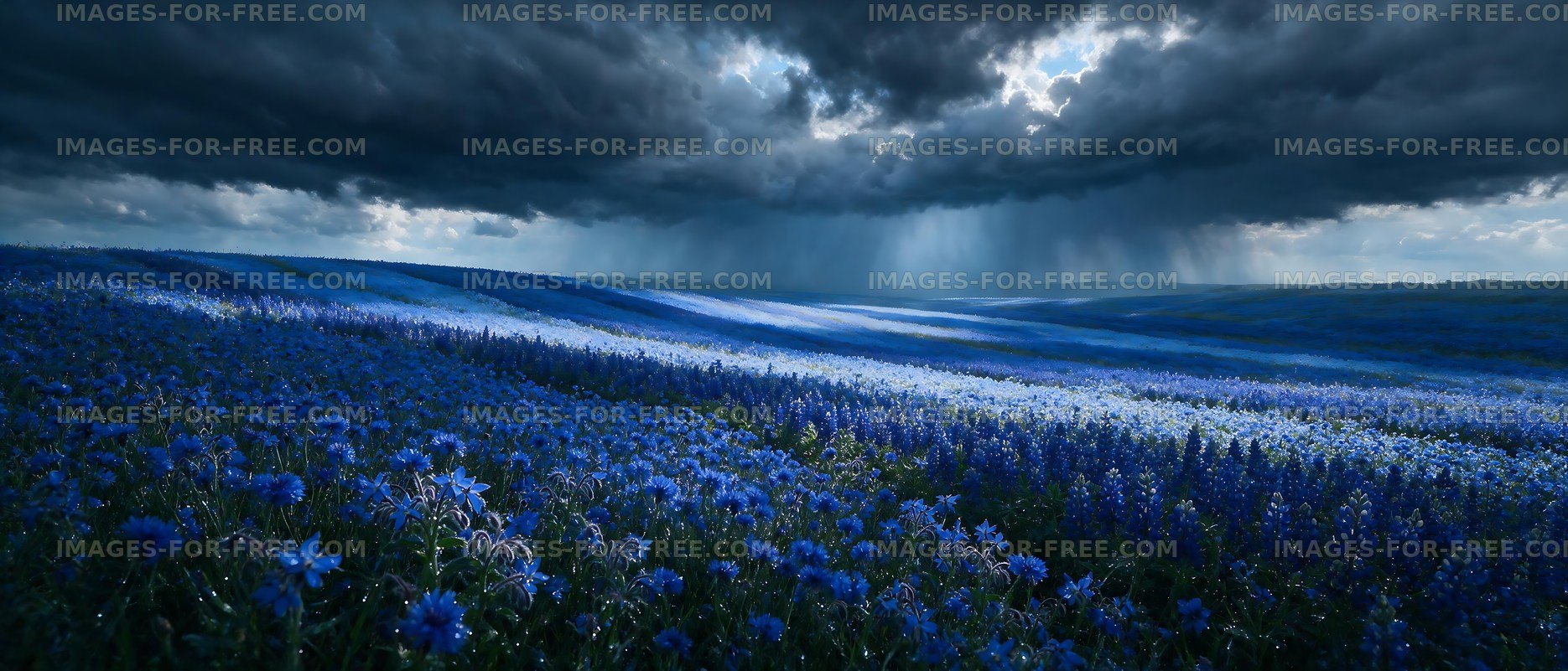 Vast blue flower field under dark clouds with sun rays