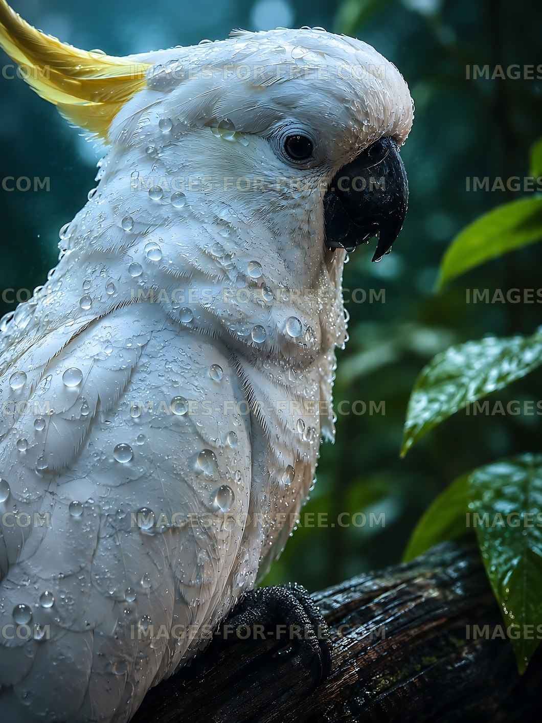 Close-up of a wet cockatoo in a tropical forest