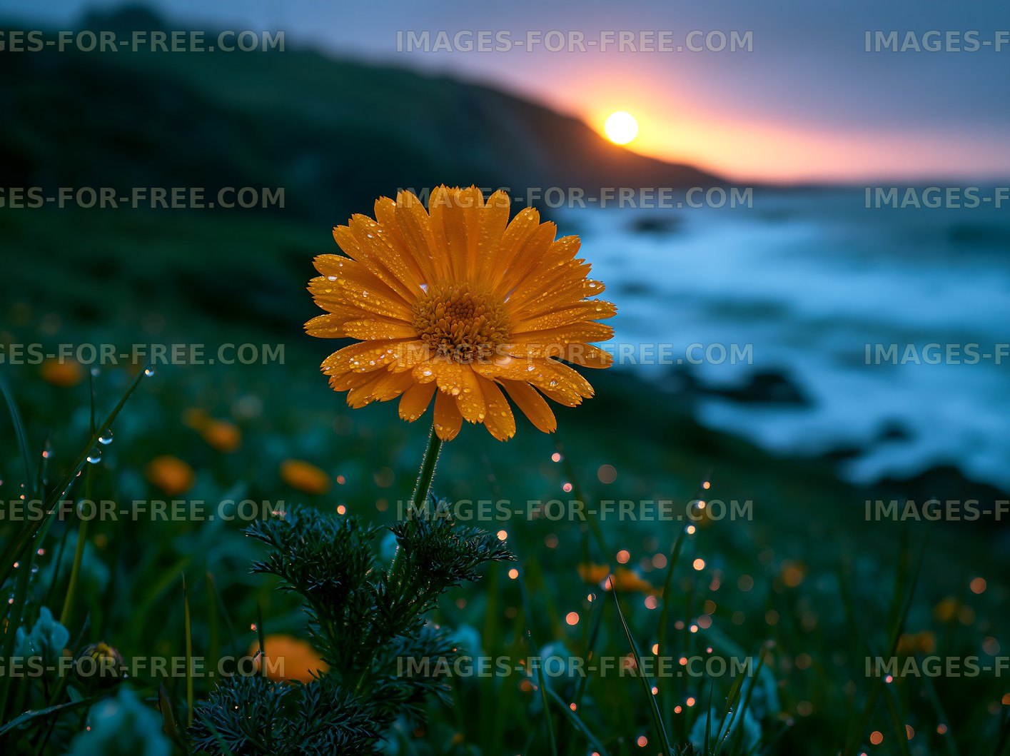 Flower with dew in front of sunset over the ocean
