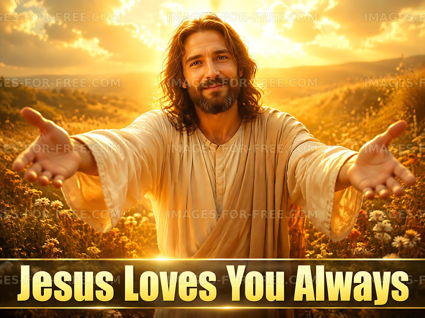 Jesus shares love and hope in a golden landscape