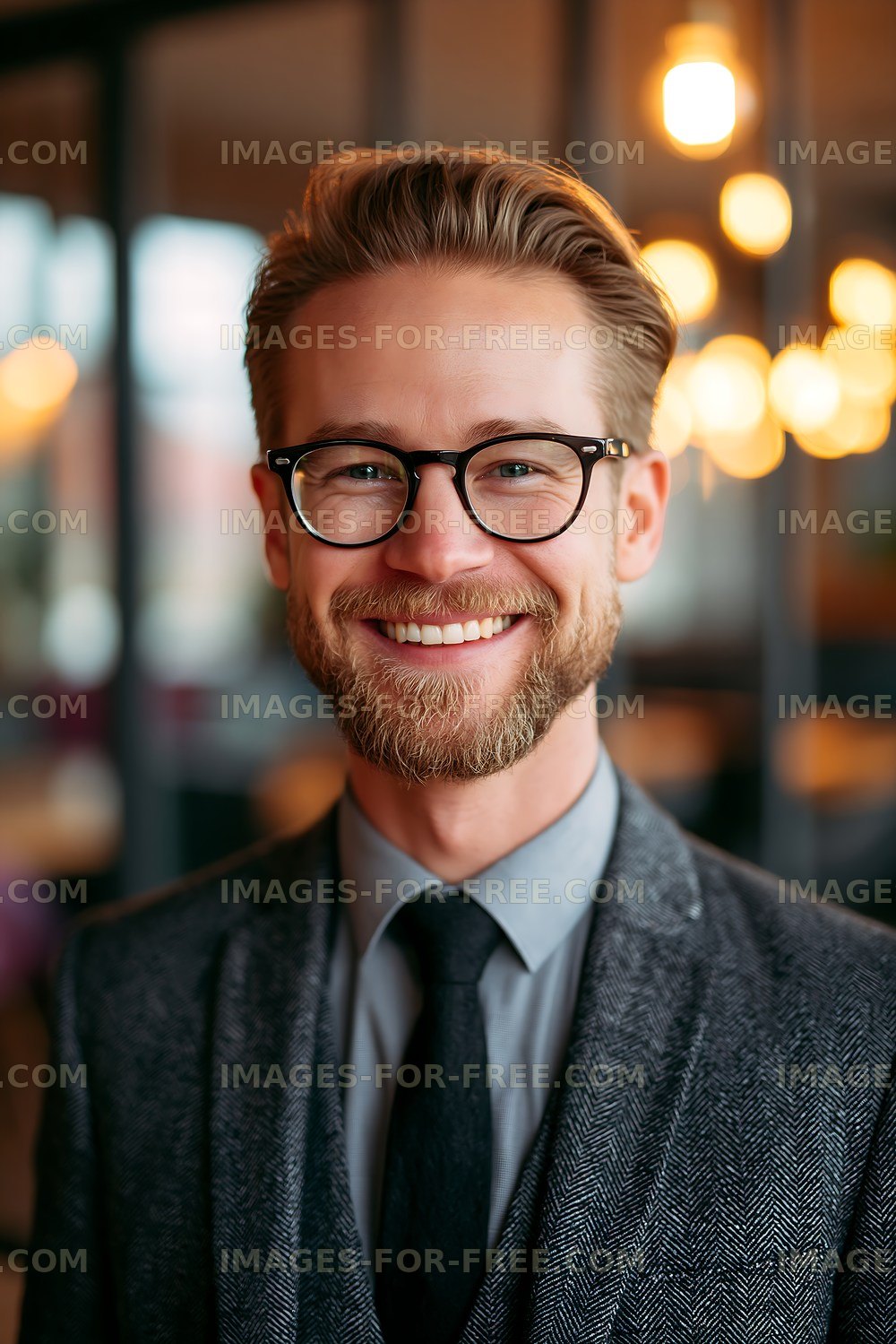Man smiles in a stylish suit against a warm, lit background