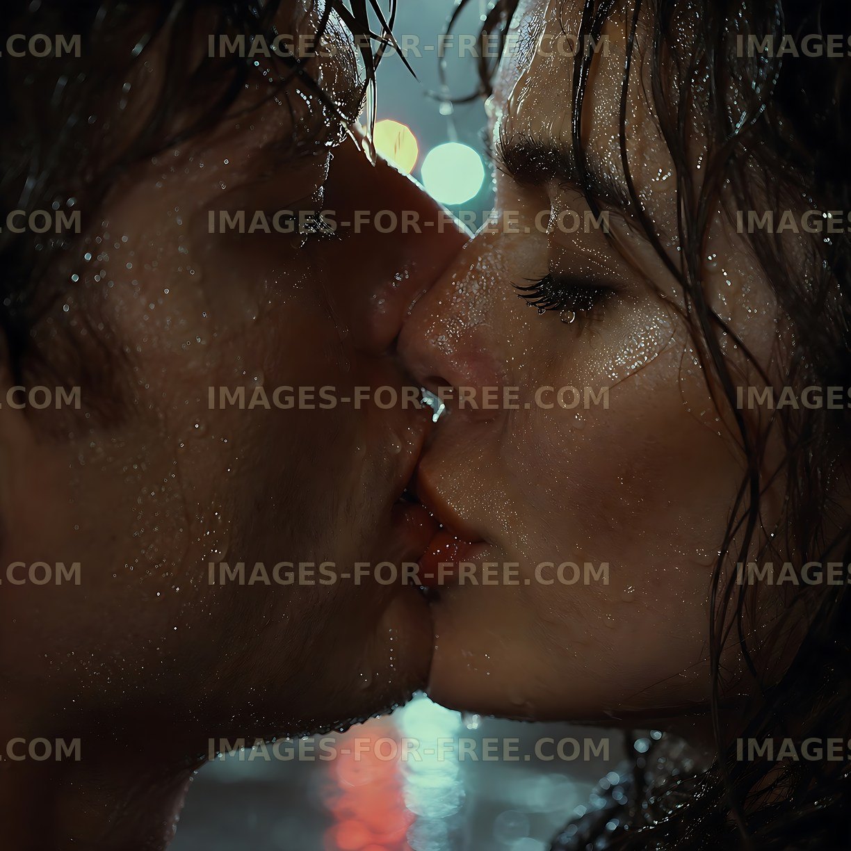 Couple kissing in the rain at night