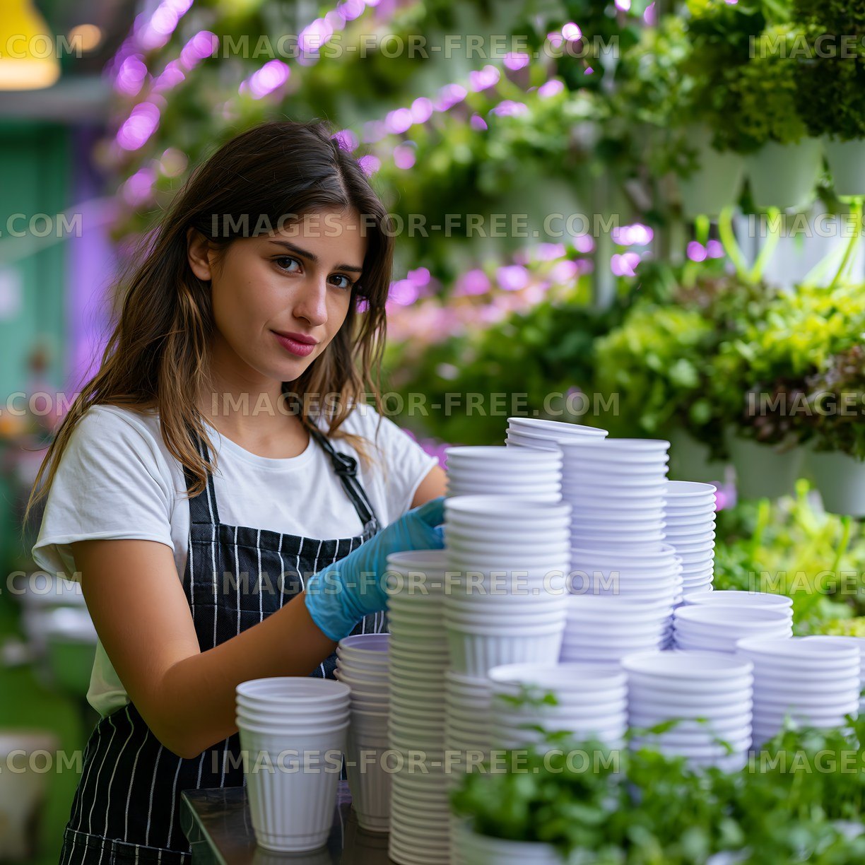 Young woman organizing cups in a greenhouse setting