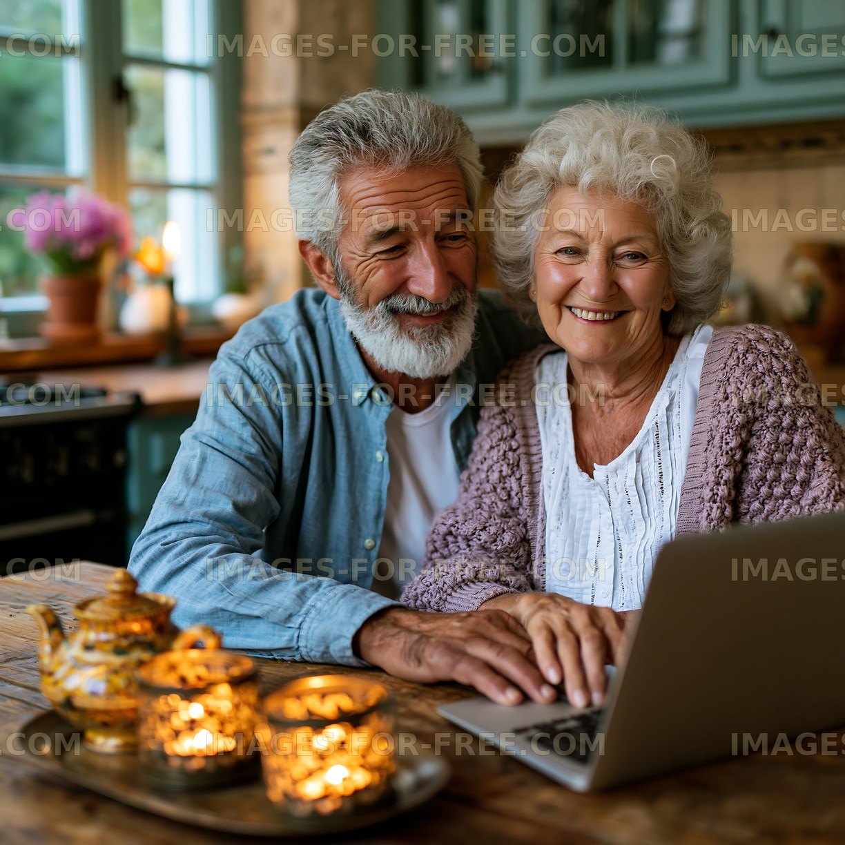 Elderly couple using laptop in cozy kitchen setting