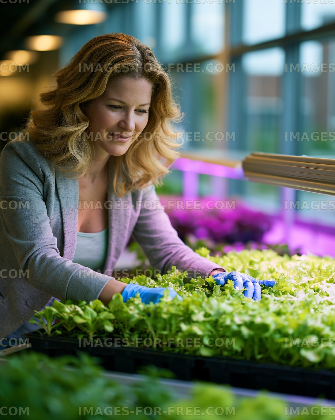 Woman tending to plants in indoor garden setup