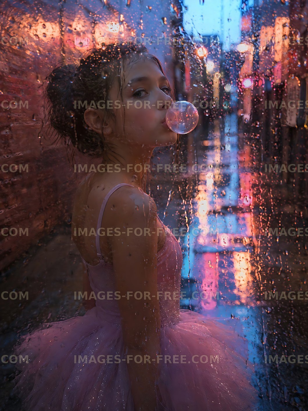 Girl blowing bubble gum behind a rainy window