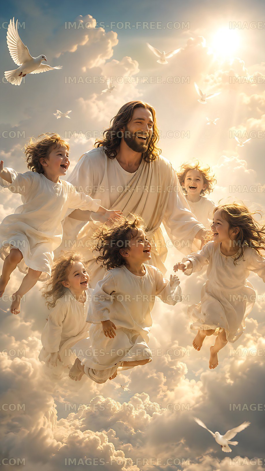 Jesus playing with children in a heavenly sky