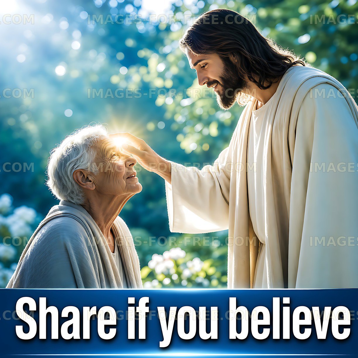 Jesus touching the forehead of an elderly woman outdoors