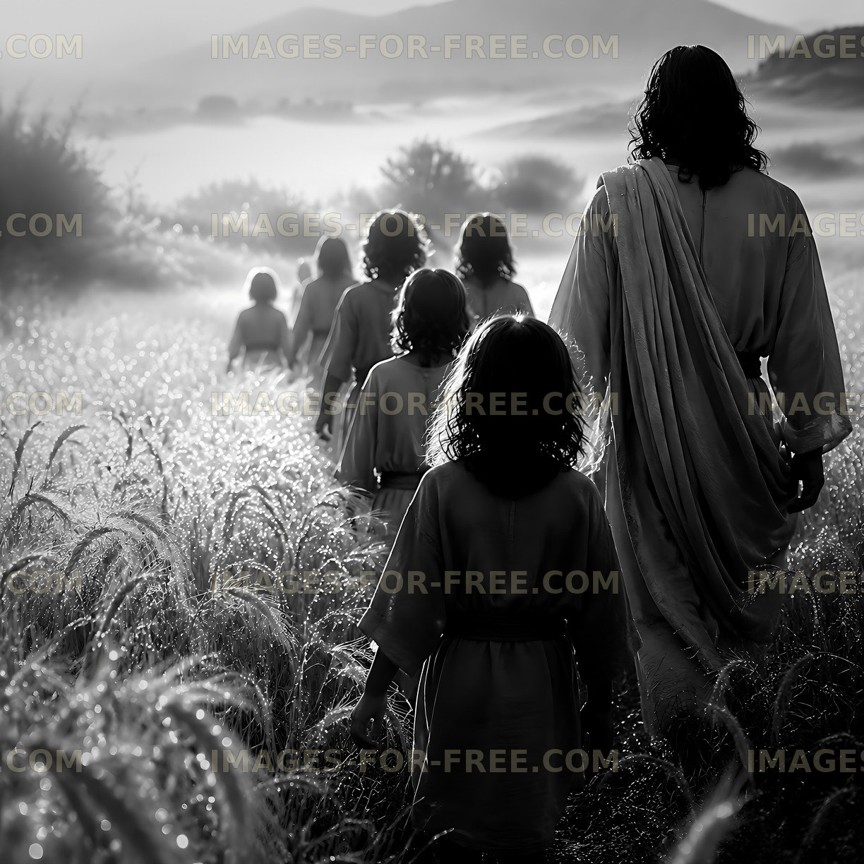 Children walking in a field with a figure in a flowing robe