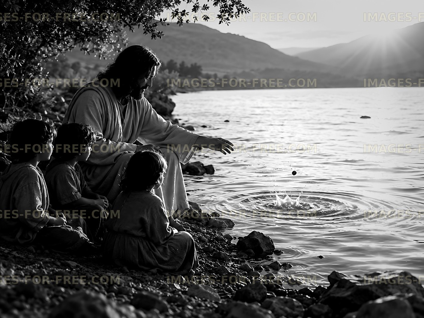 Jesus with children by the lake