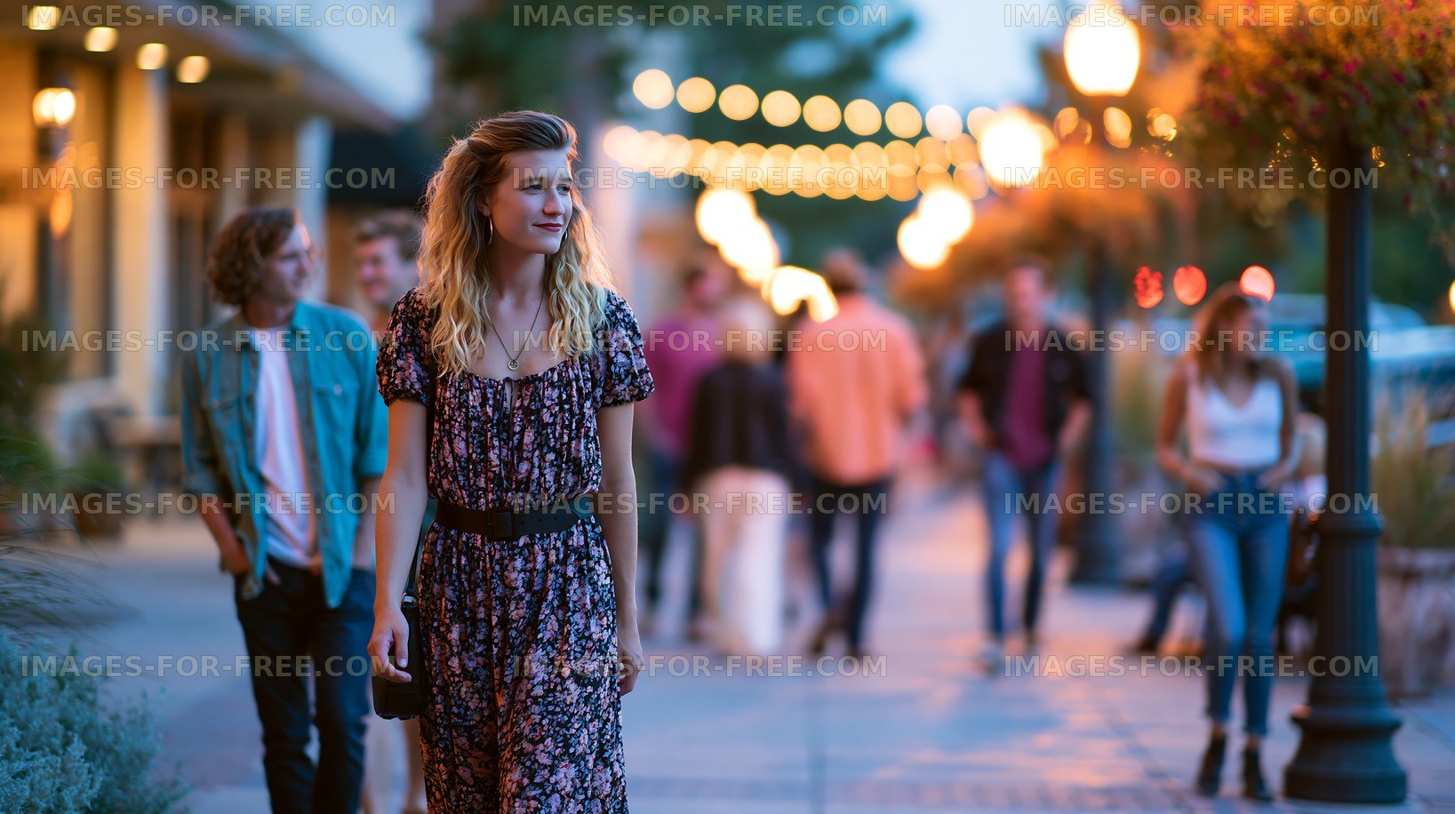 Evening stroll on a decorated street with warm lights and friends