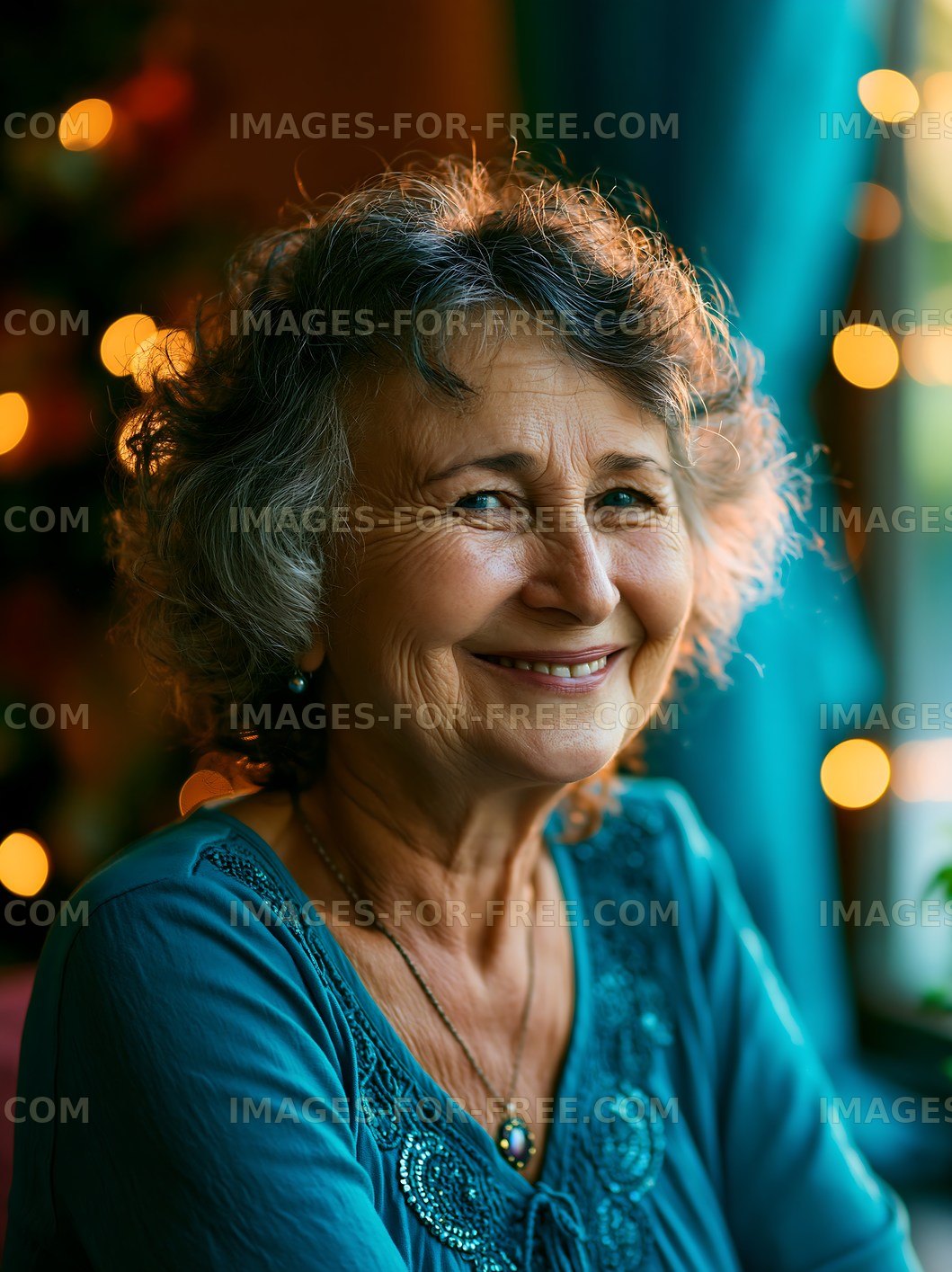 Smiling older woman with curly hair and holiday decorations