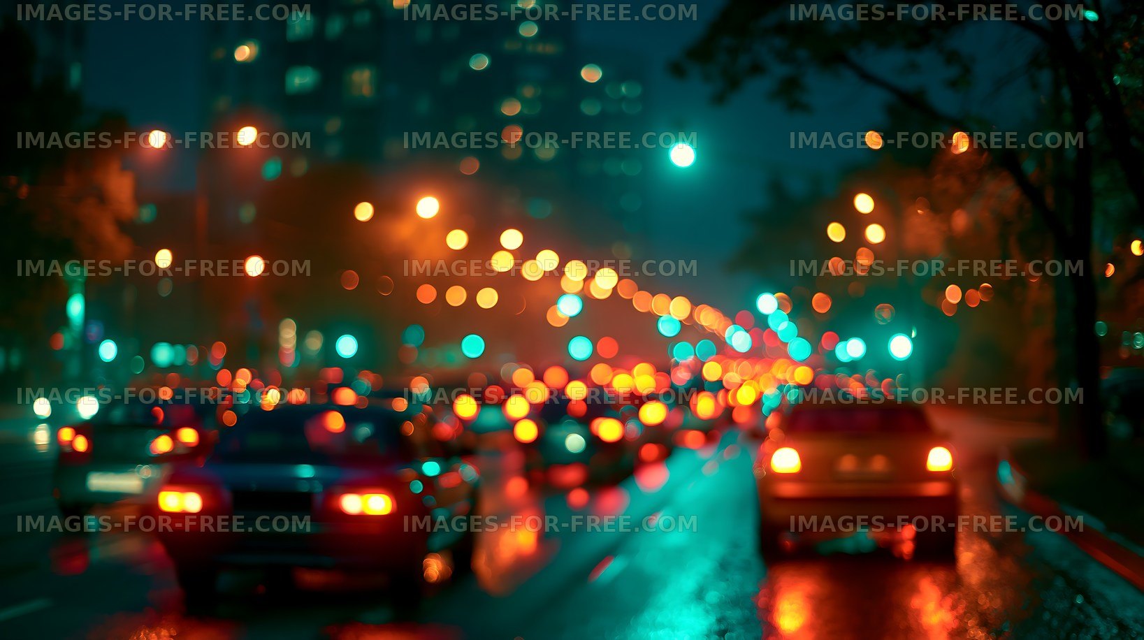 City street at night with blurred cars and lights