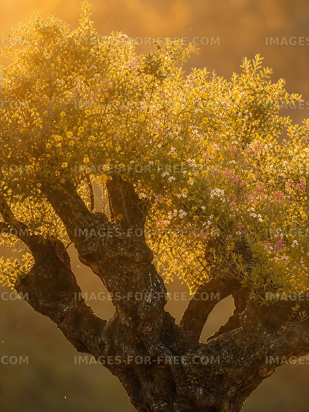 Golden sunset light on a flowering tree branch