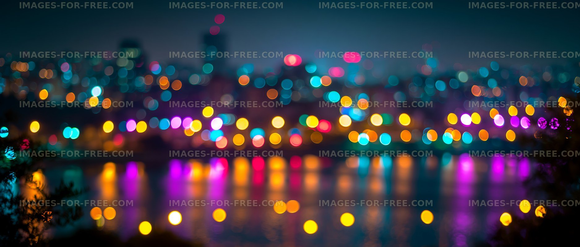 City skyline with blurred lights reflecting on water