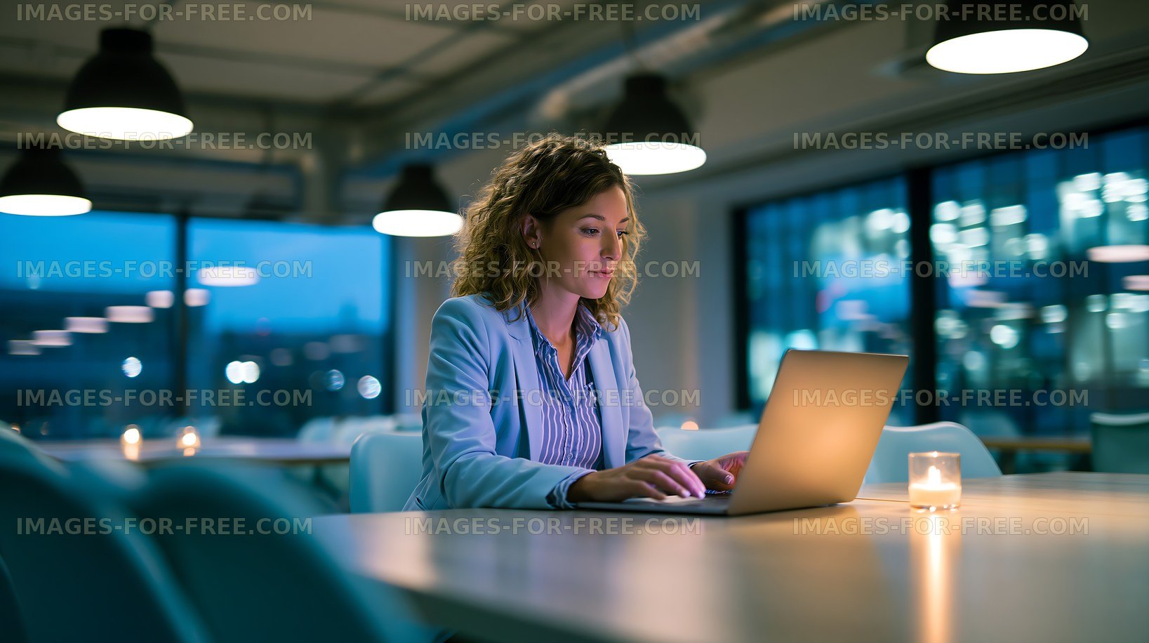 Woman working on laptop in modern office at night