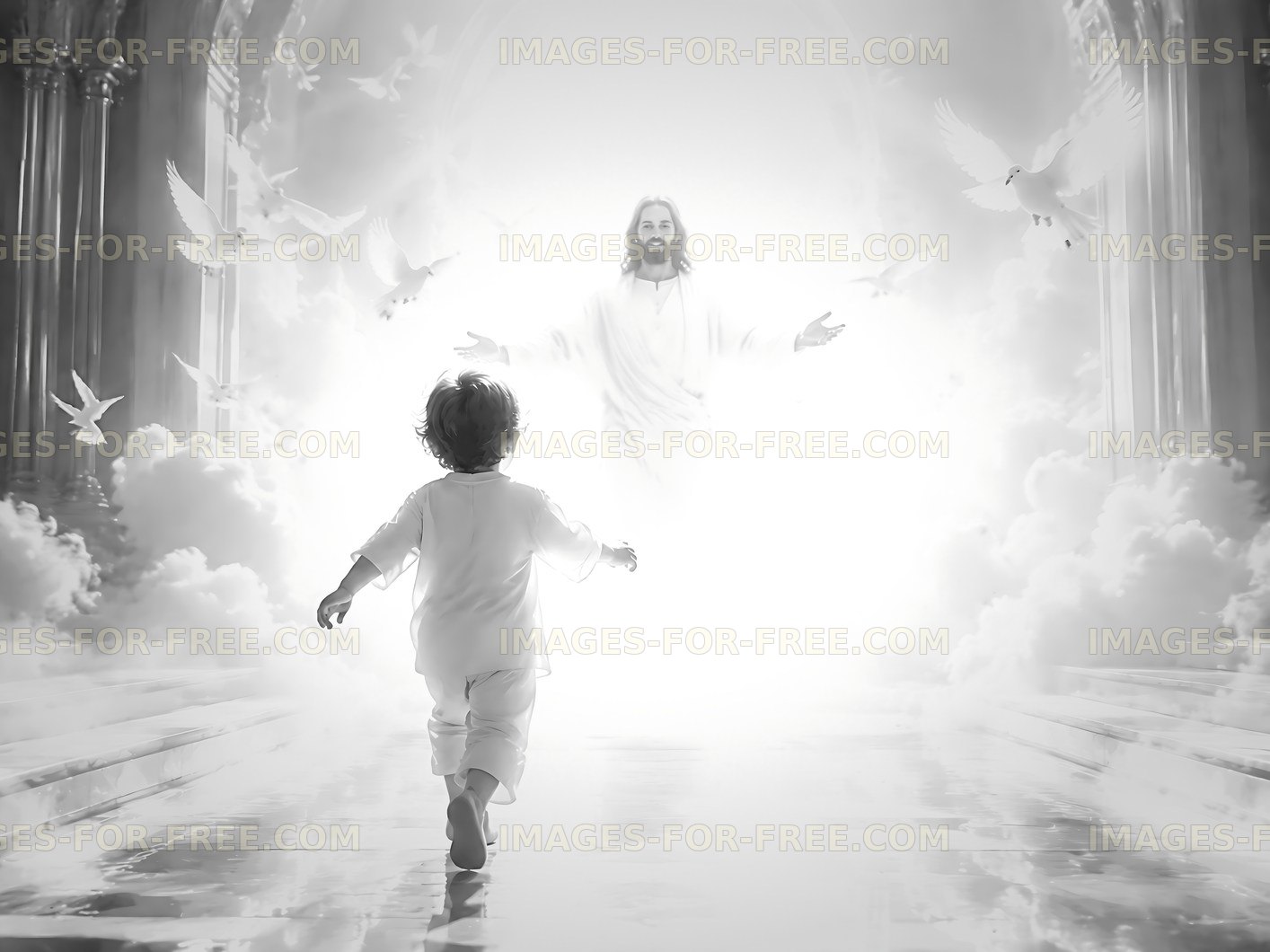 Child walks towards figure in light with doves flying around