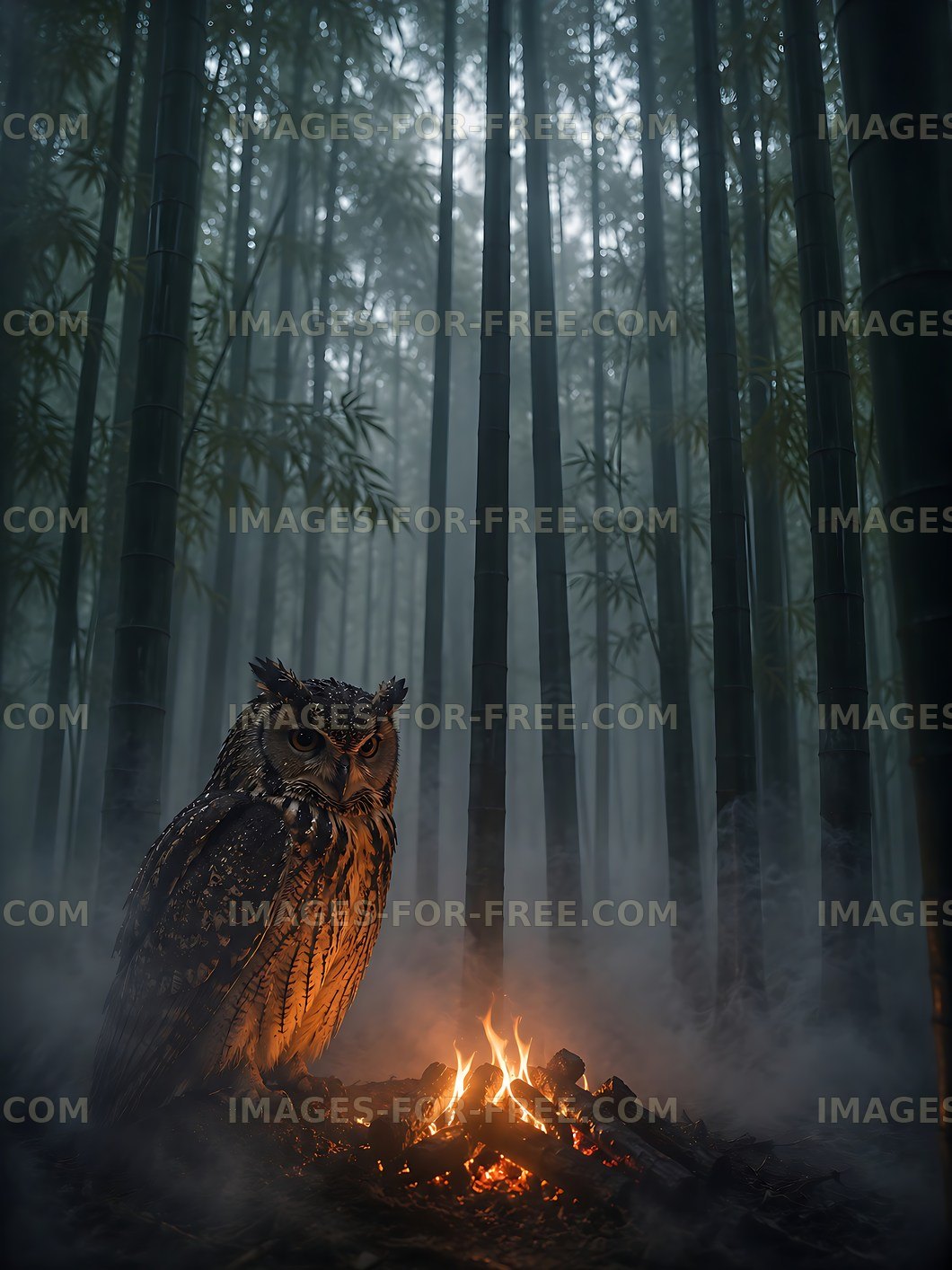 Owl standing near a fire in a bamboo forest at night