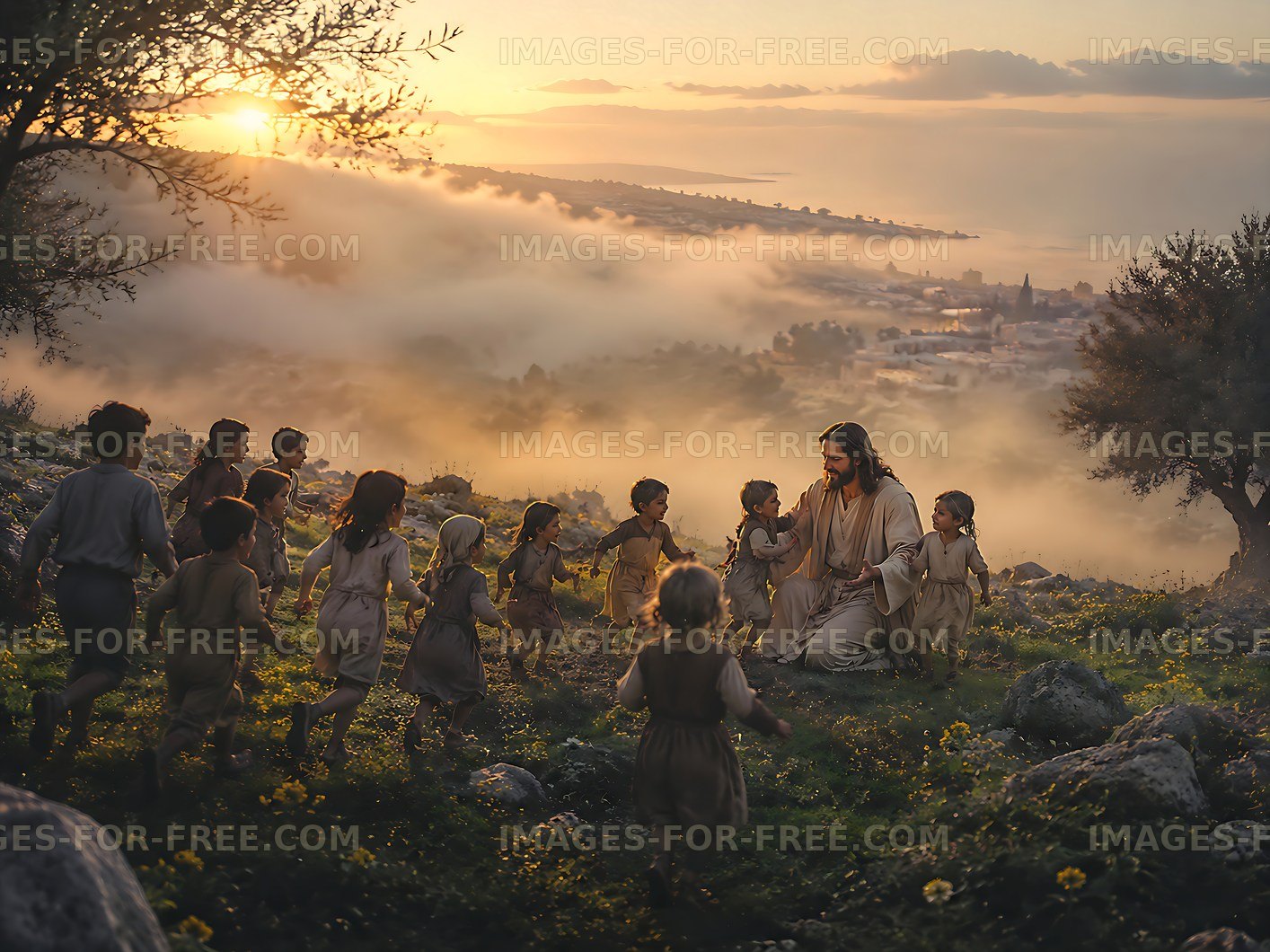 Jesus surrounded by children at sunset in a natural setting