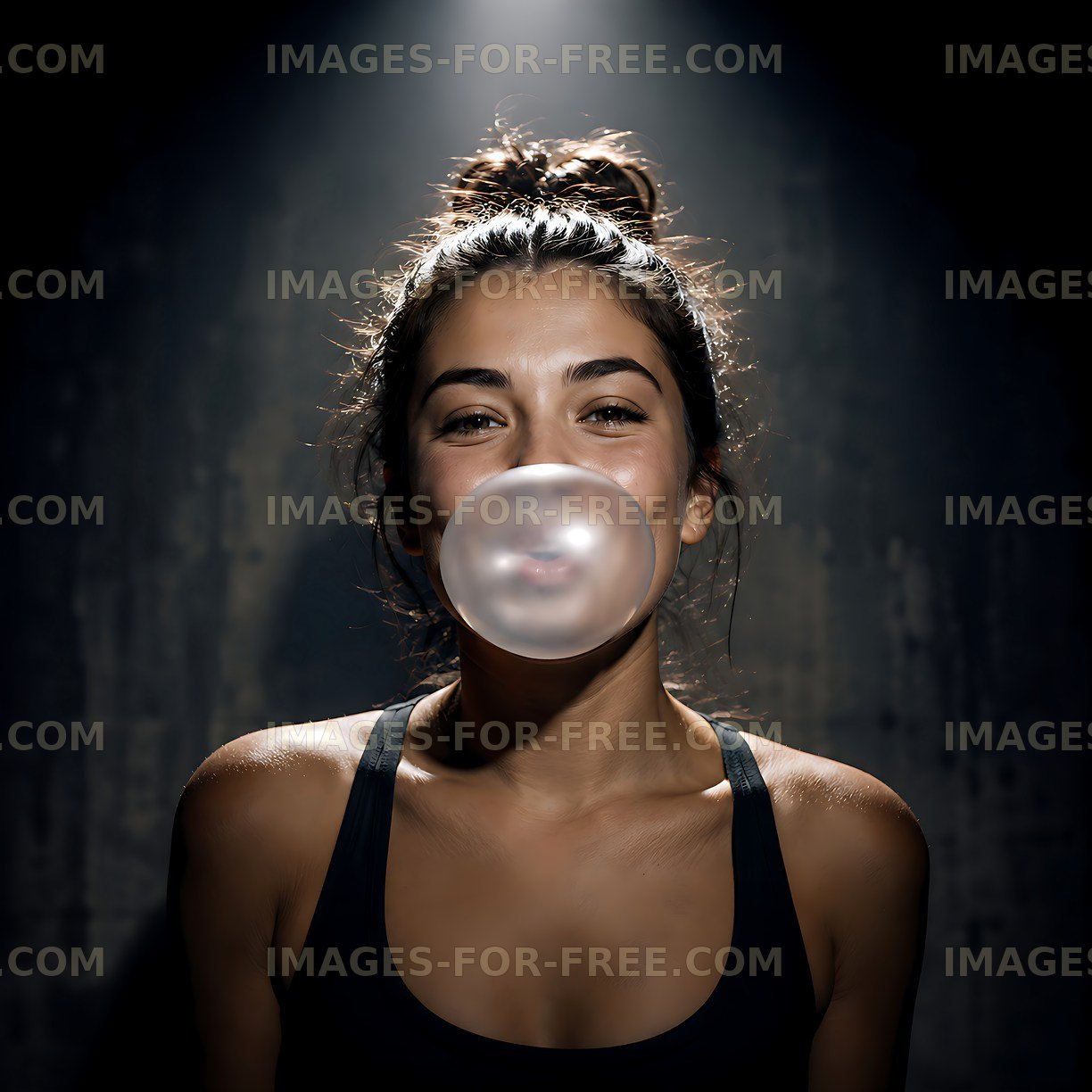 Woman blowing a bubble with chewing gum in a dimly lit space