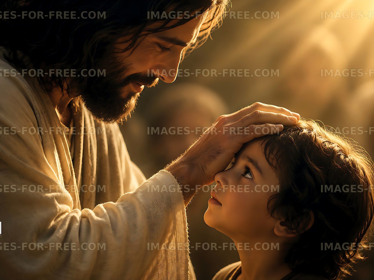 Jesus interacting with a child in a warm atmosphere