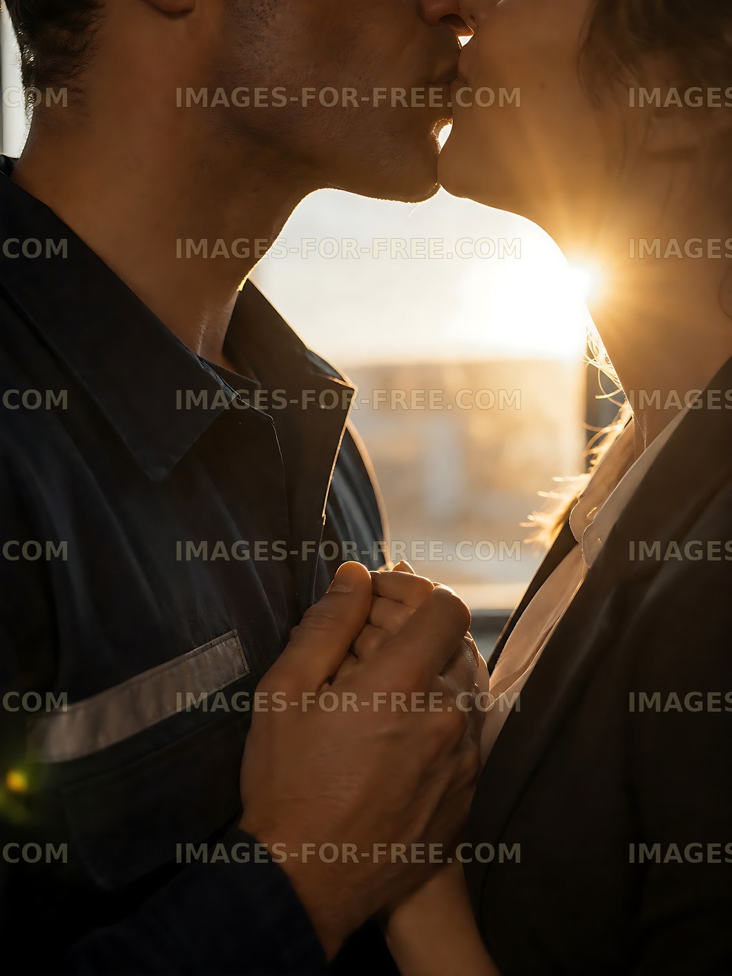Couple sharing a kiss during sunset in a cozy setting