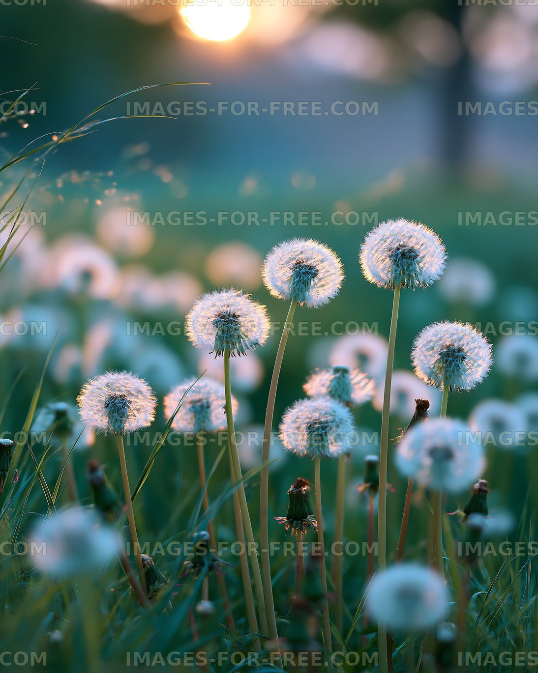 Dandelions in sunlight during springtime evening