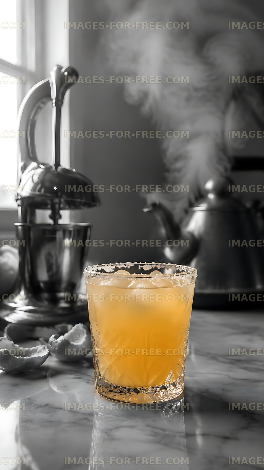 Craft cocktail with garnish on marble kitchen table