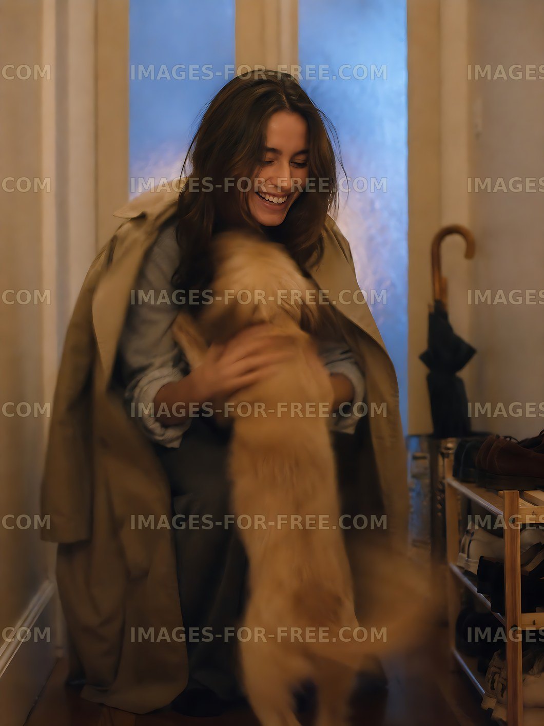 Woman playing with dog inside home during winter evening