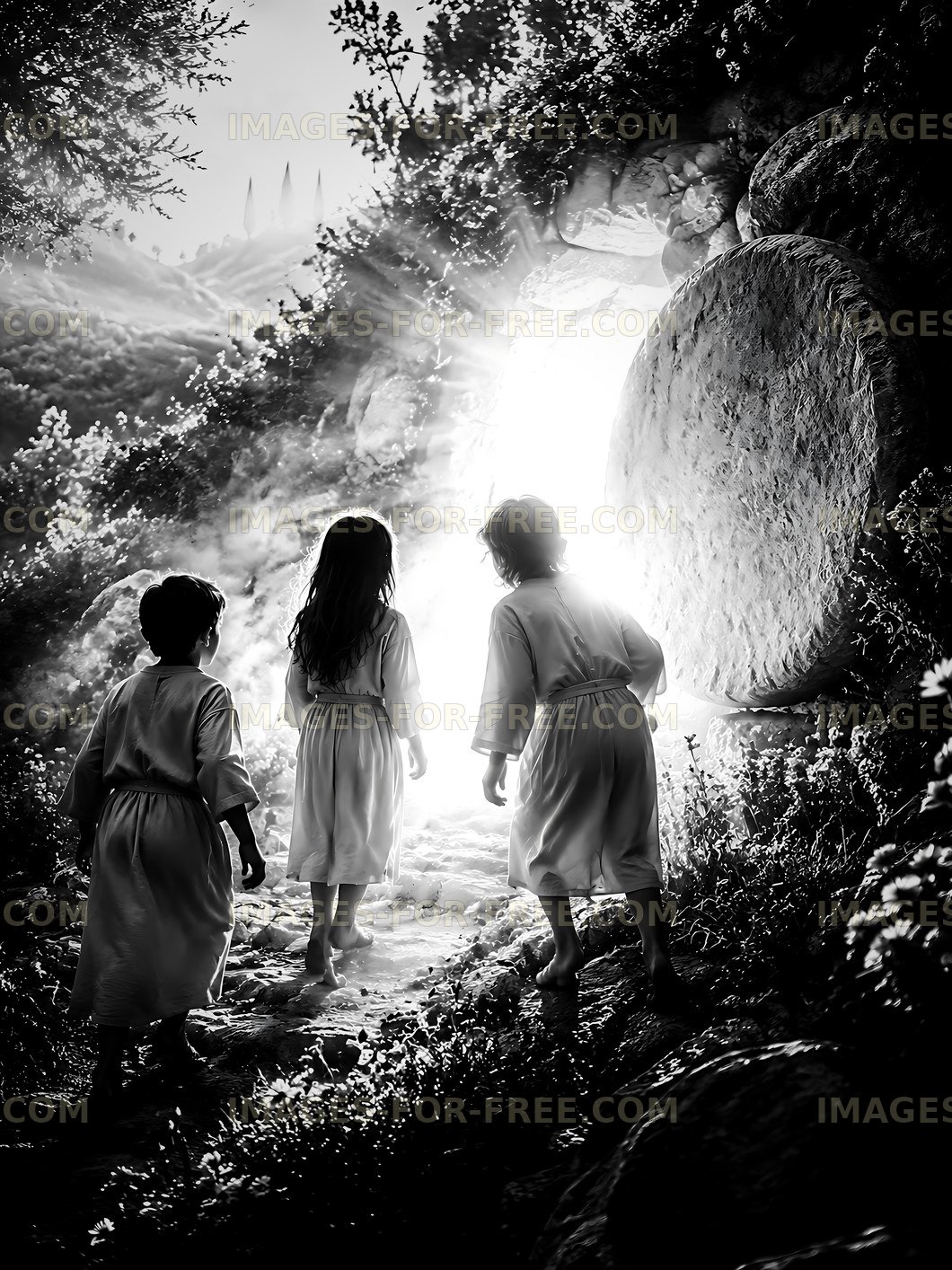 Children explore a lighted entrance in a forest