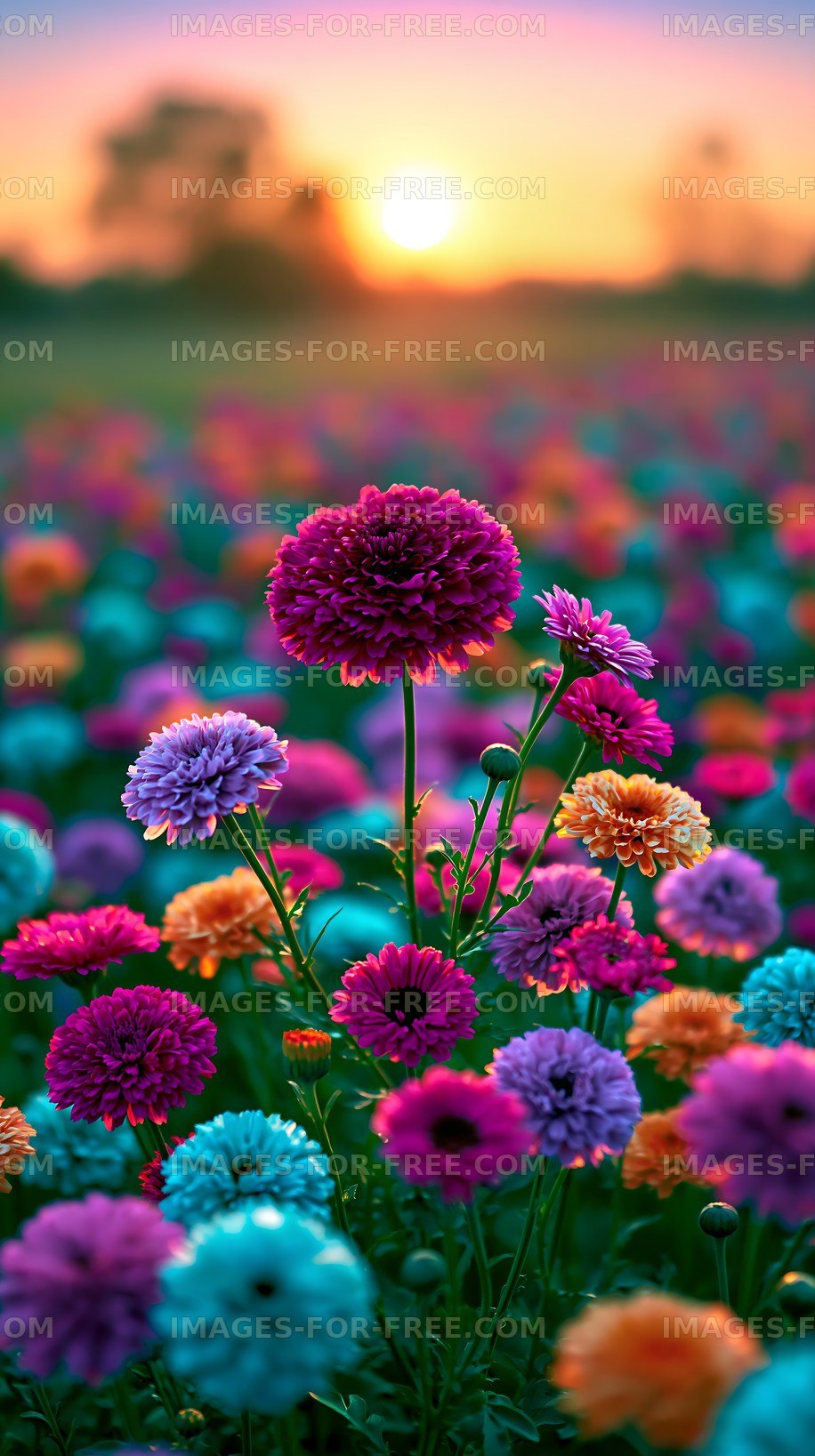 Colorful flowers bloom during sunset in a vibrant field