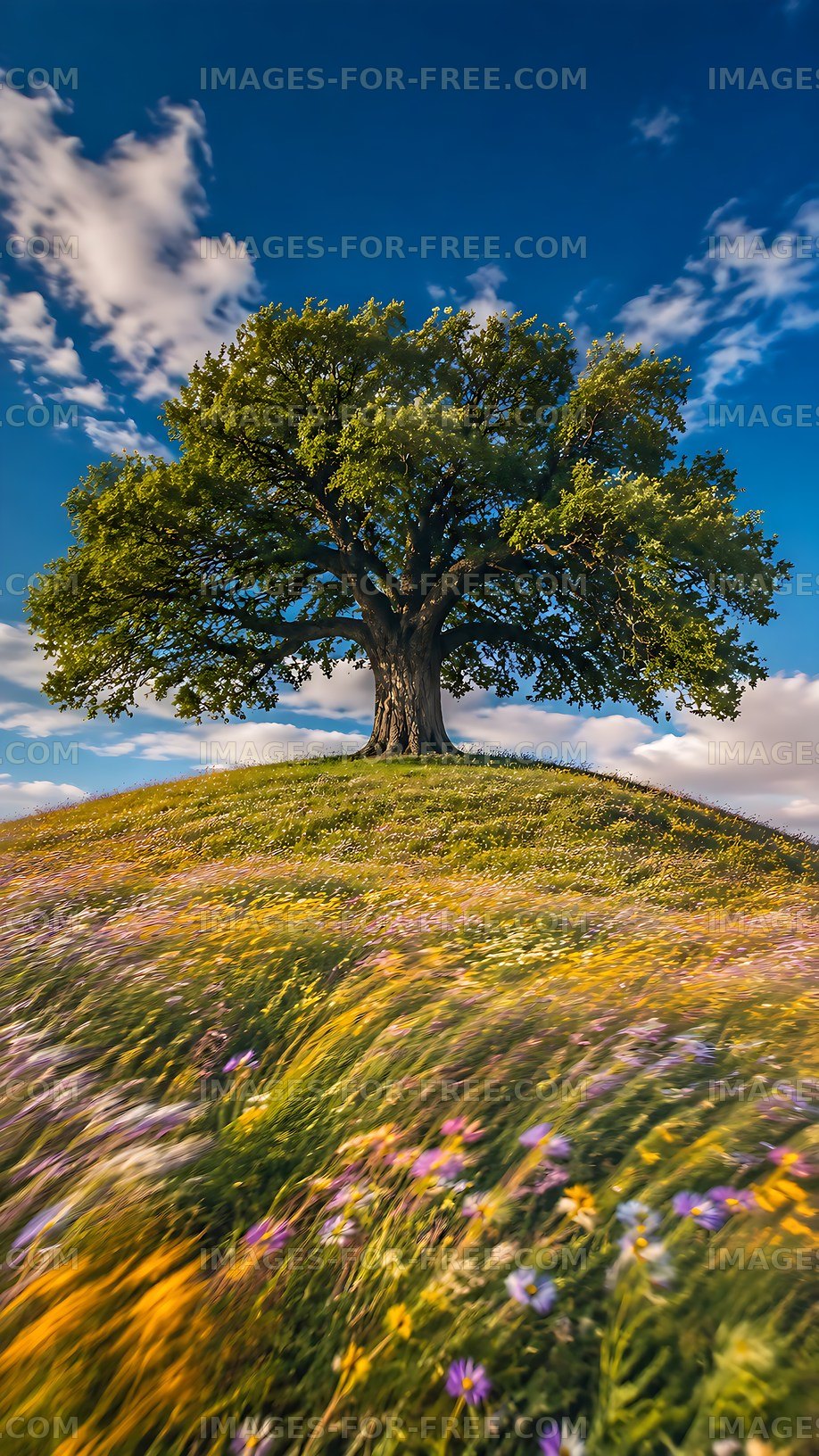 Large tree on a hill surrounded by colorful flowers