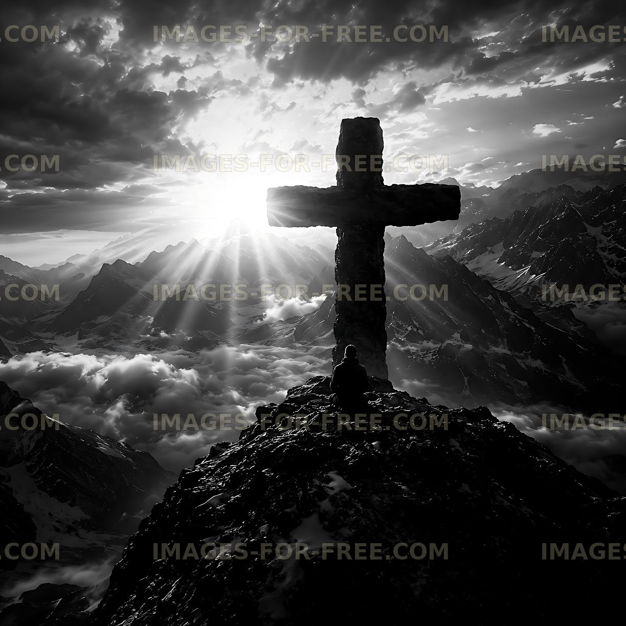 Mountain cross at sunrise with person sitting nearby