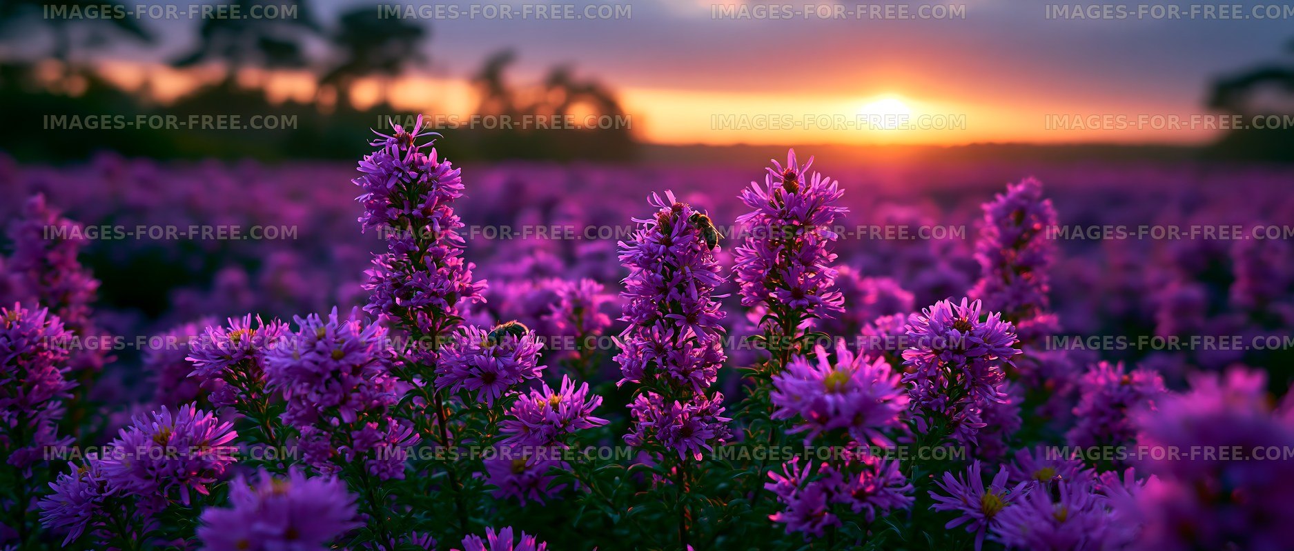Vibrant purple flowers in a field during sunset