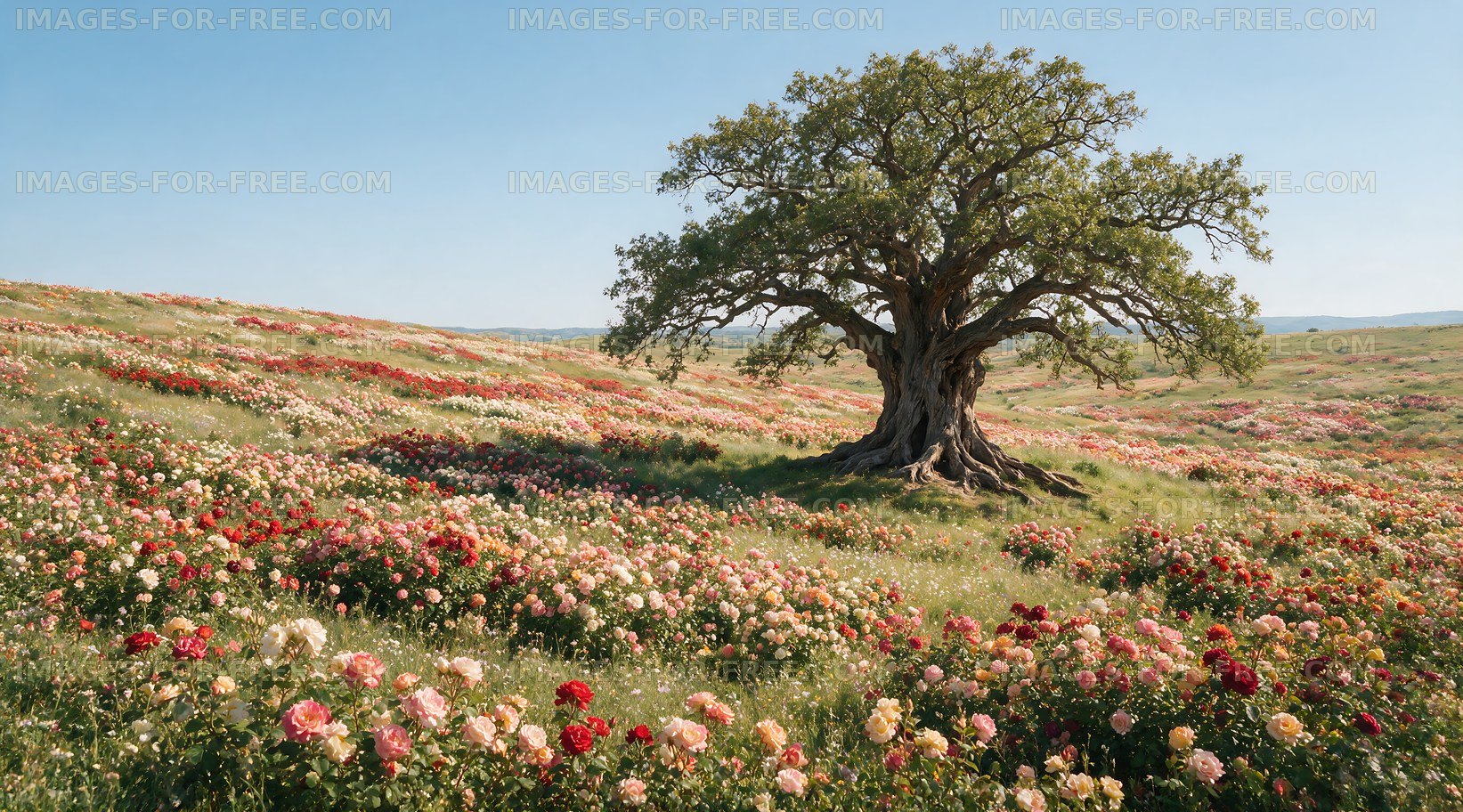 Blossoming flowers surround a lone tree in an open field