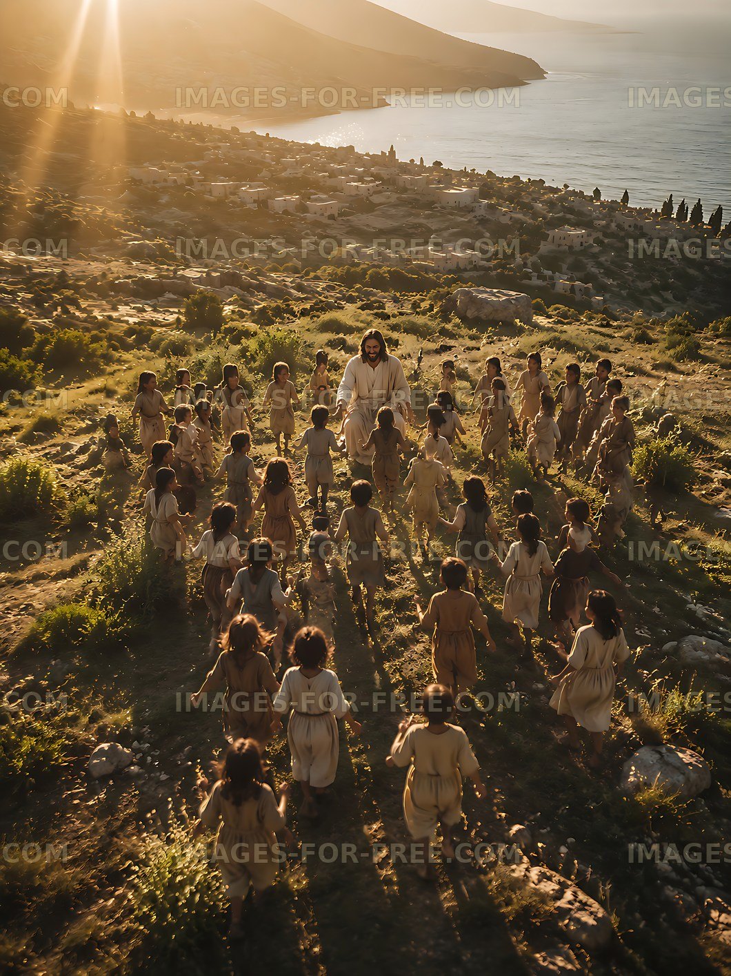 People gather in a field during sunset near a coastal village