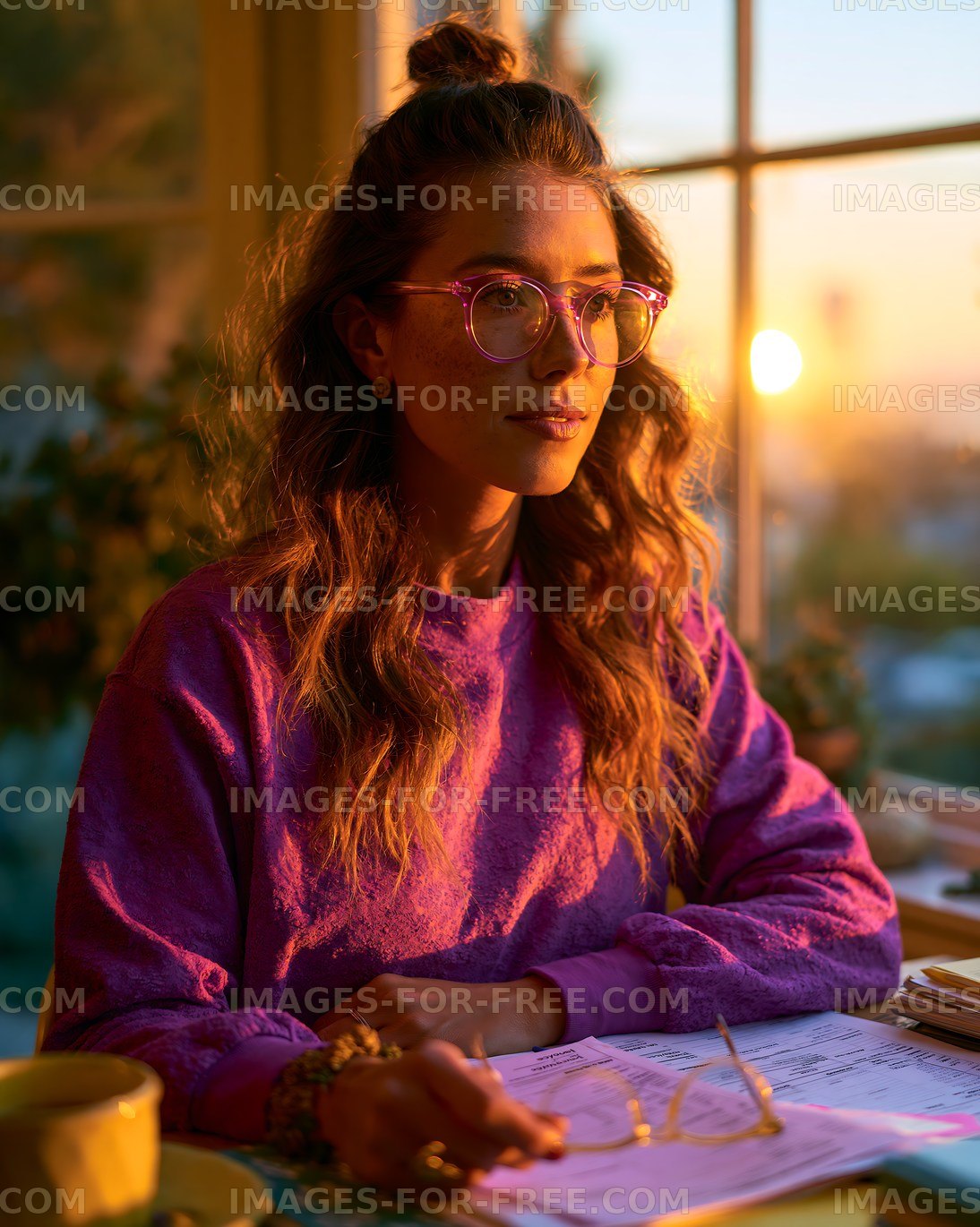 Woman studies documents by window at sunset