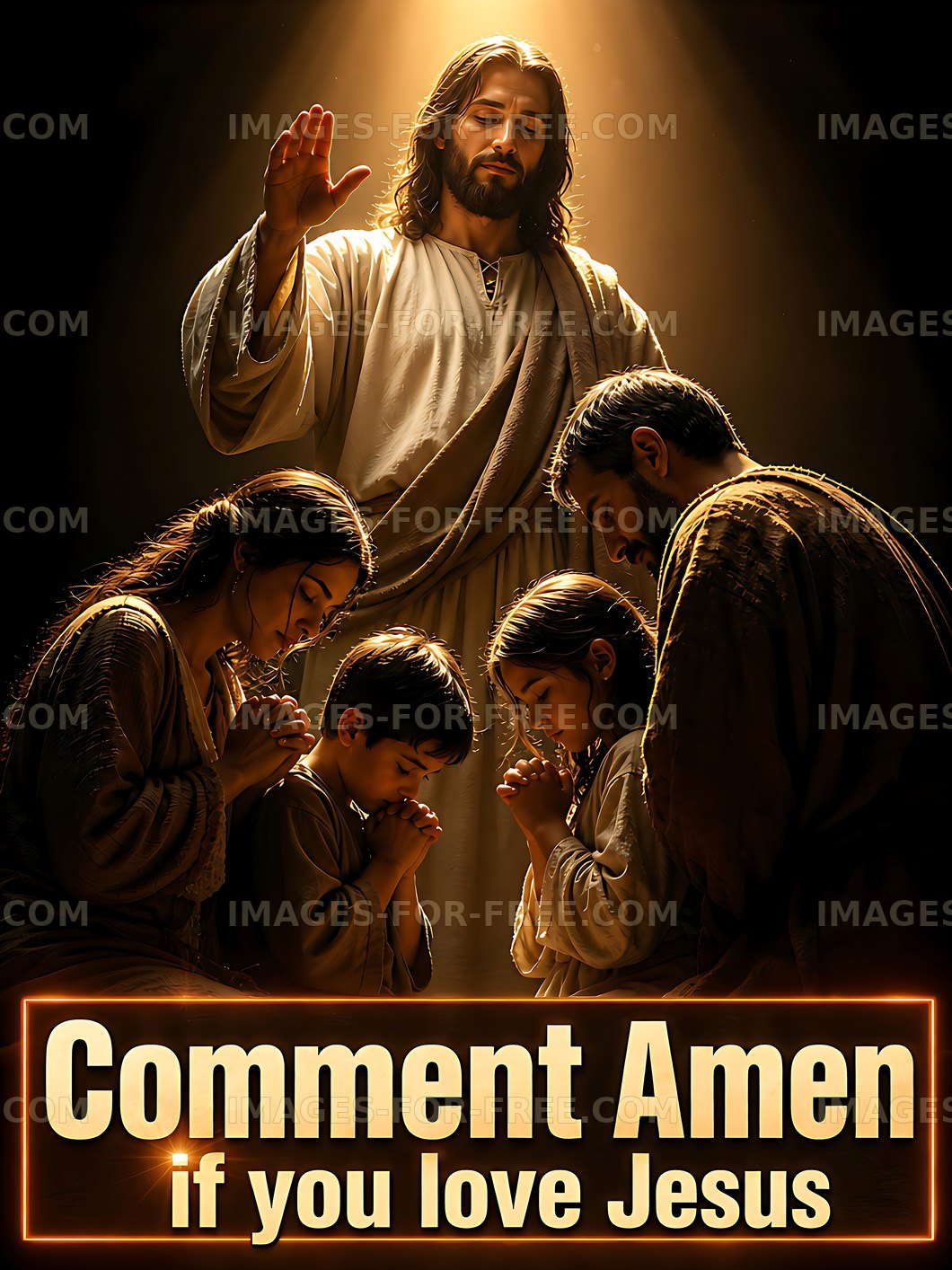 Religious scene with family praying under Jesus