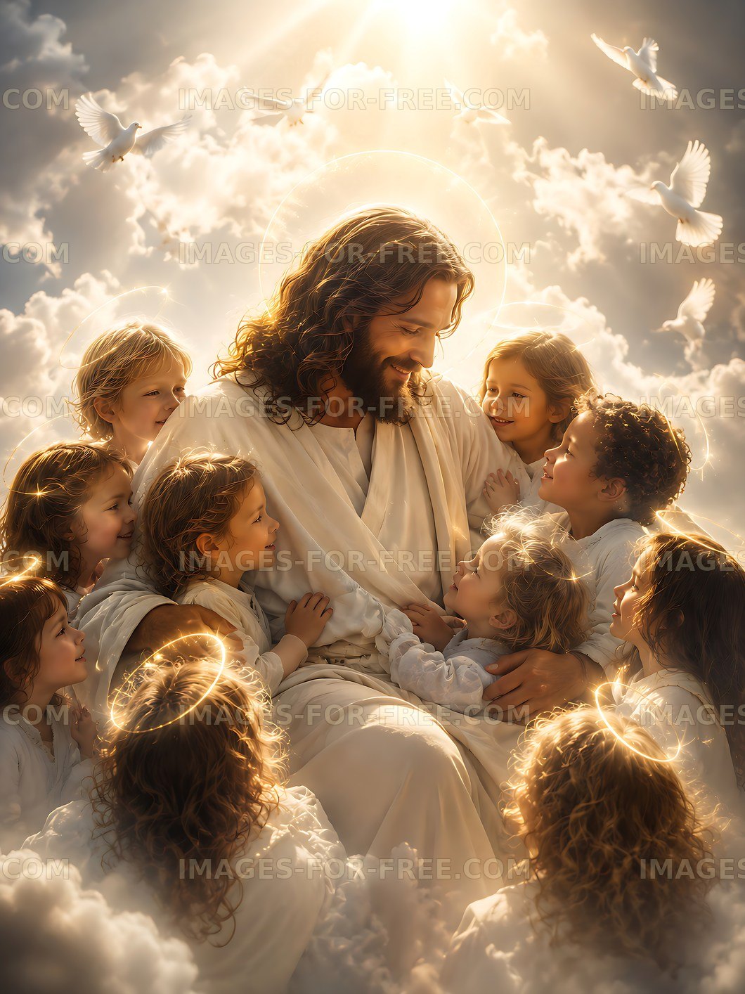 Children gathered around a figure in a cloudy setting