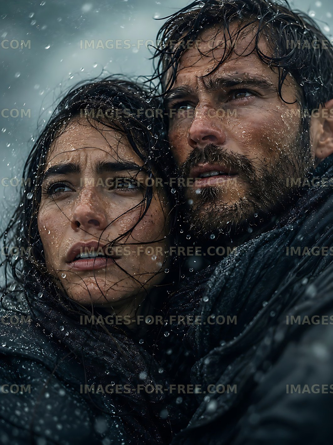 Couple in rain with intense expressions during a storm
