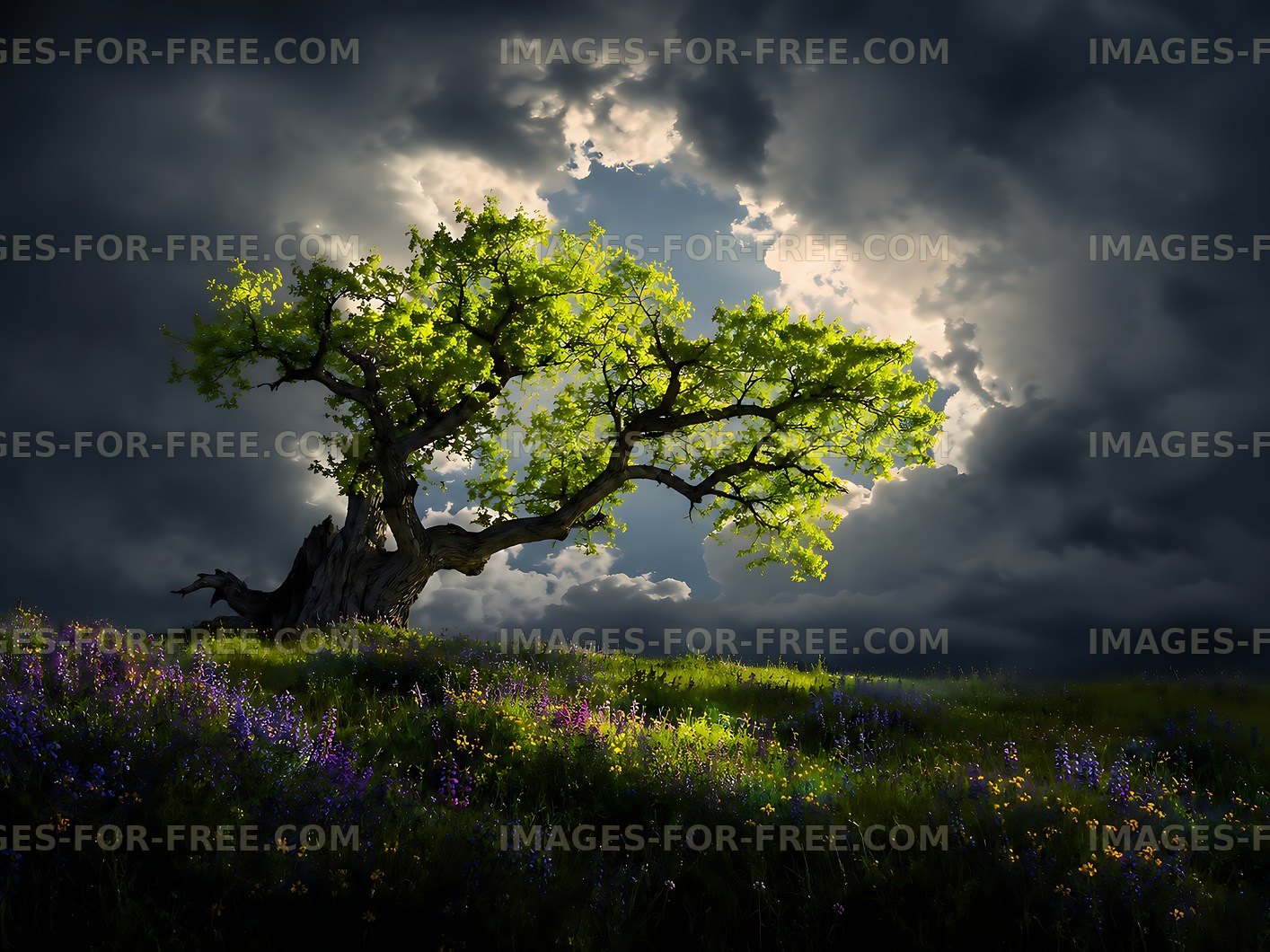 Tree with green leaves on a grassy hill under dark clouds