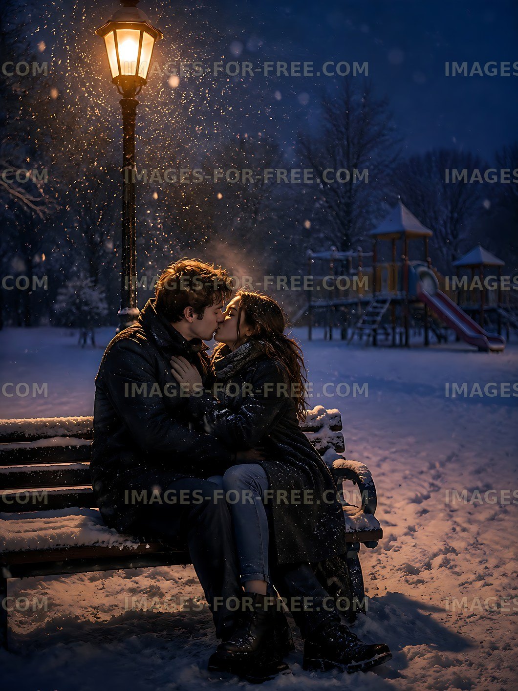 Couple kissing on a bench in a snowy park at night