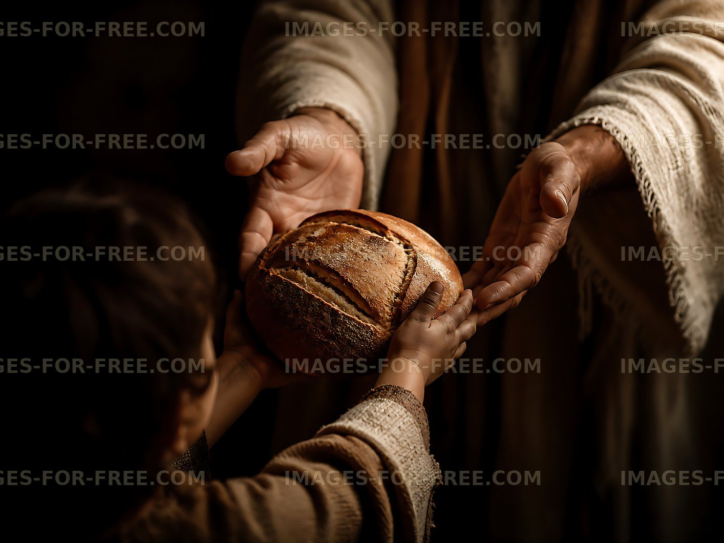 Man hands loaf of bread to child in dark setting