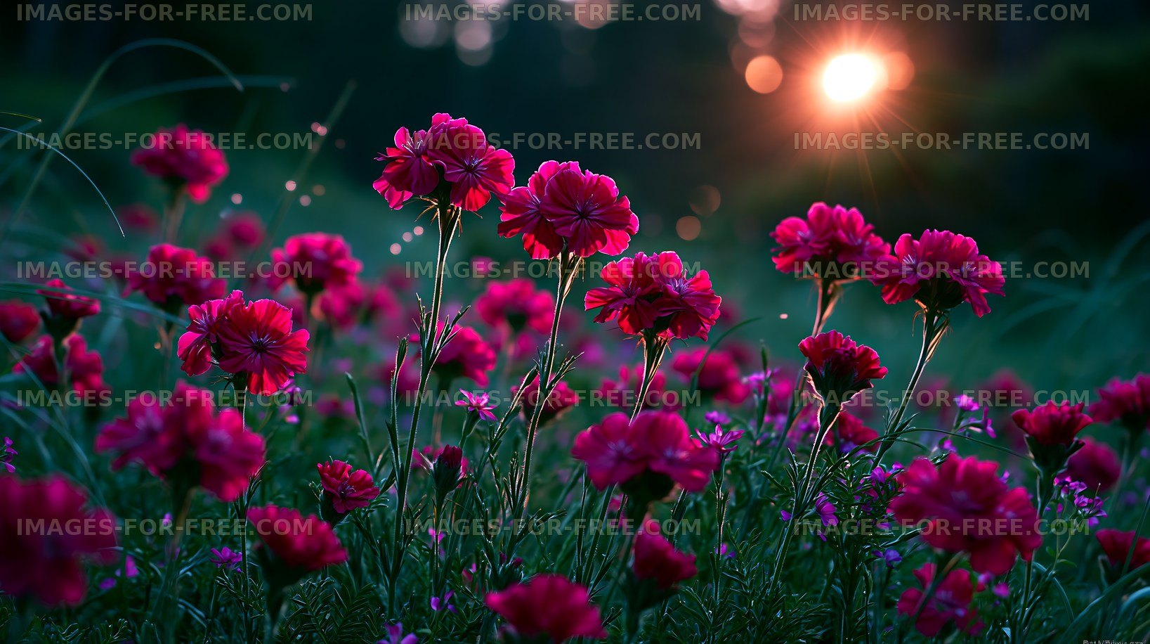 Sunset over blooming flowers in a natural setting