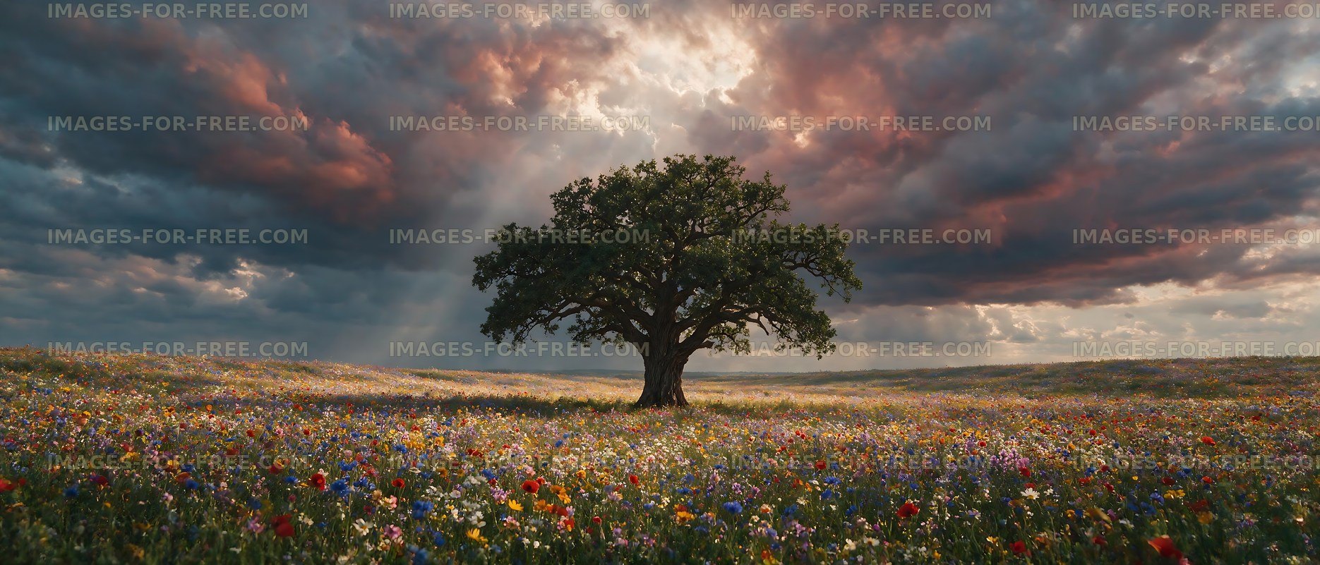 Vibrant wildflower field under dramatic cloudy sky
