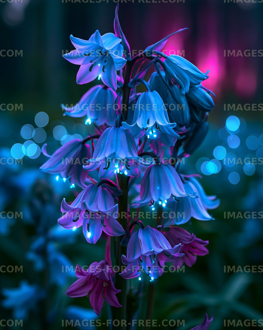 Flowers glowing with blue and purple lights in a dark forest