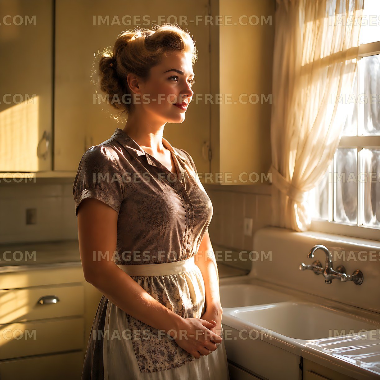 Light streams into a vintage kitchen with a woman standing by the sink